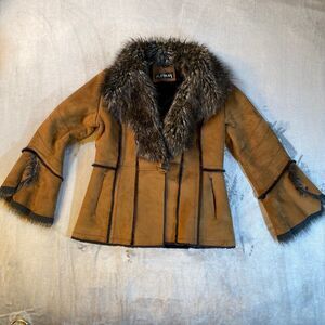 Jacket, Tan Brown Trimmed with Vegan Black Fur, Platinum Utex, Small